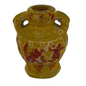 Vintage Occupied‎ Japan Miniature Vase Red Yellow symbols Double Handle